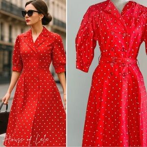 80s does 50s vintage red polka dot dress. Rockabilly circle skirt puff sleeve